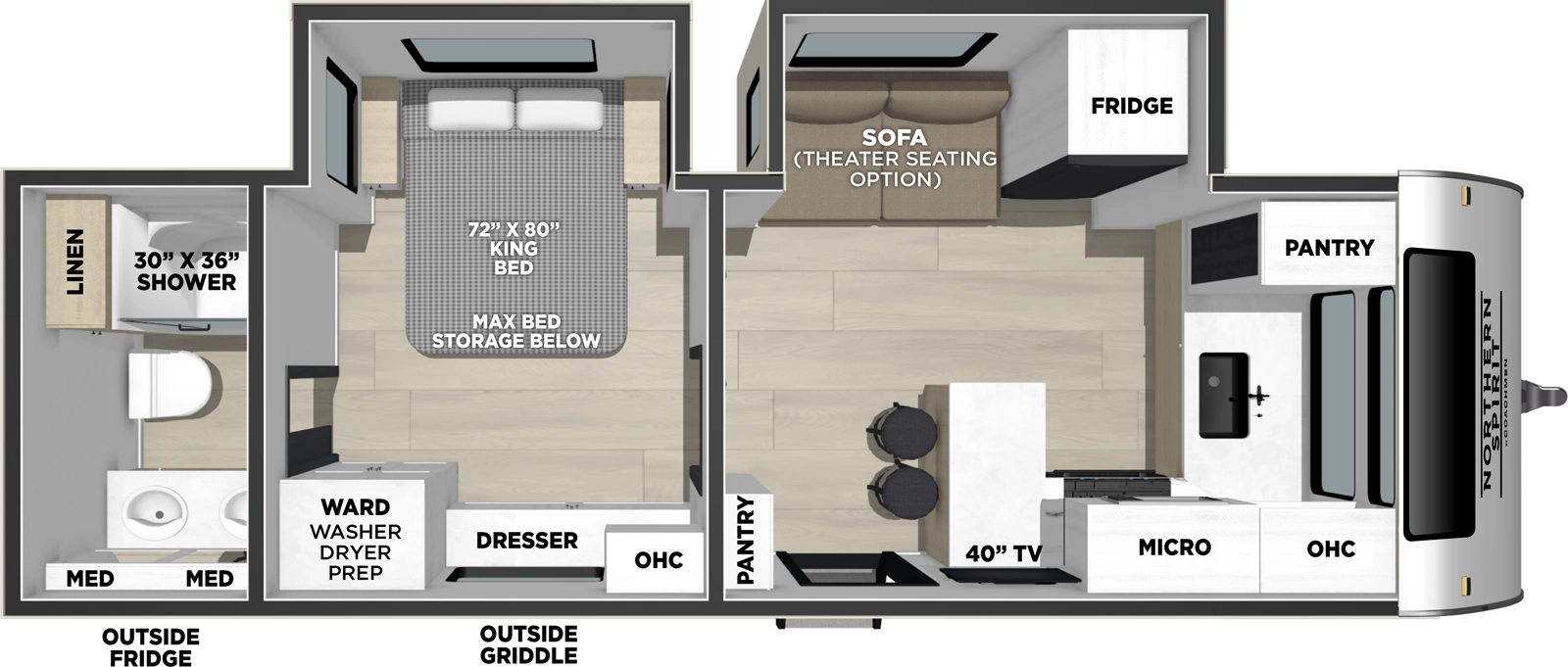 The Northern Spirit 2565FK floorplan has one entry and two slide outs. Exterior features include: fiberglass exterior and 18' awning. Interiors features include: front kitchen and rear bathroom.